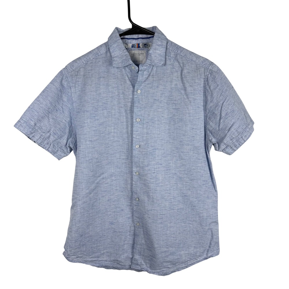 Denim & Flower Ricky Singh Mens Blue Slub‎ Cotton Lyocell Short Sleeve Shirt- M